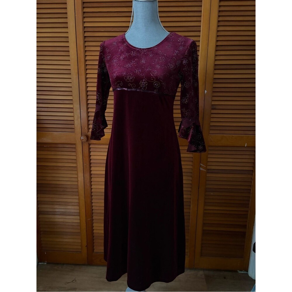 Vintage 90s Iz Byer Sequin Glitter Floral Burgundy Flutter Sleeve Velour Dress